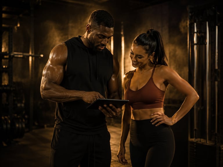 Muscular male personal trainer showing workout progress on tablet to female client in gym with warm lighting
