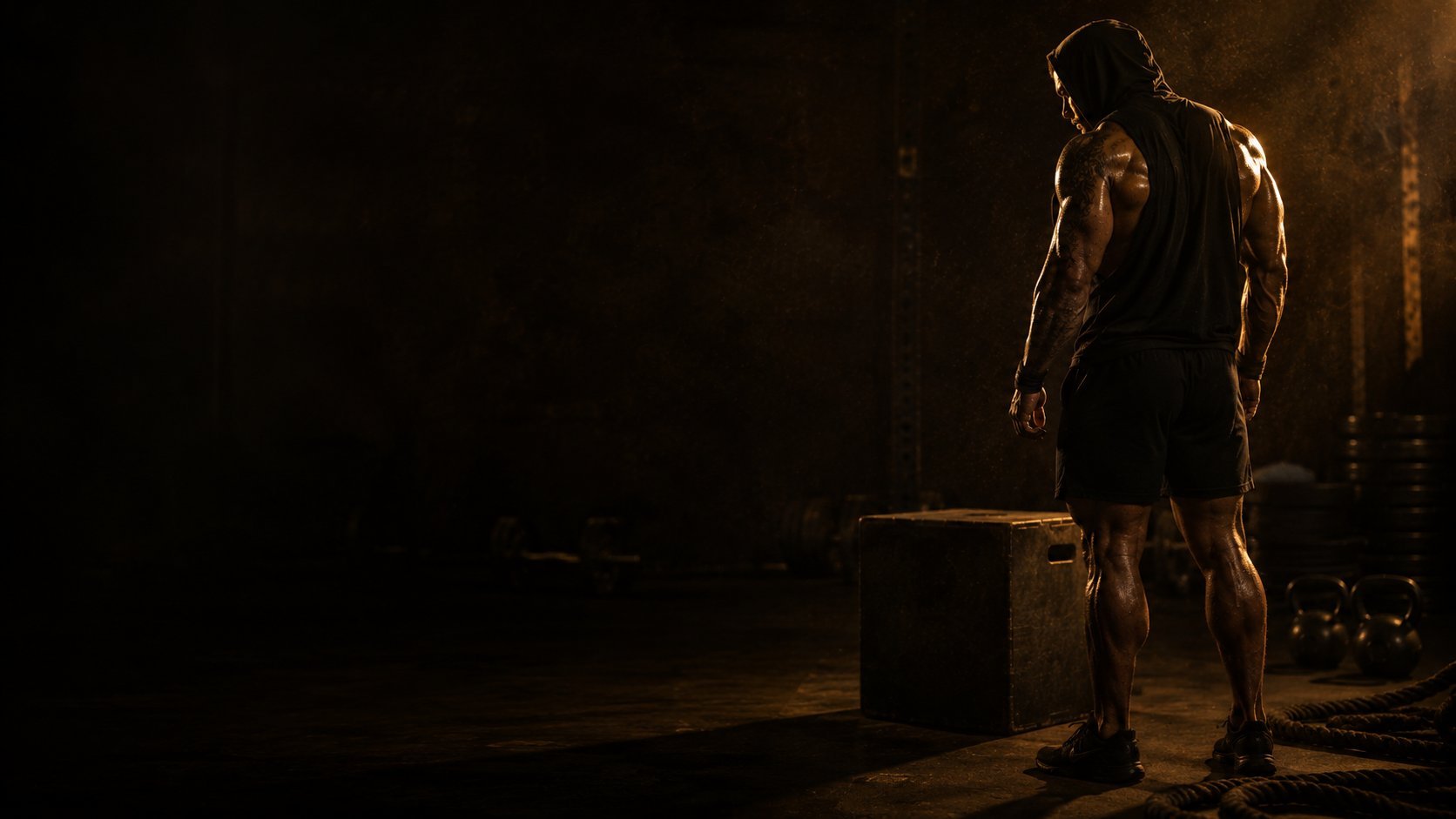 Muscular man standing shirtless in dark, moody lighting with dramatic shadows