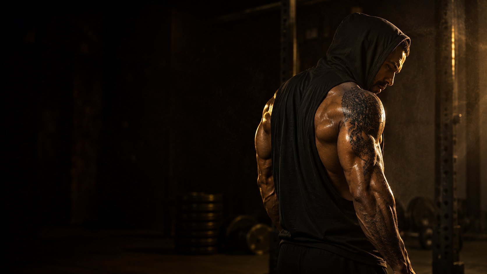 Muscular man with tattoos wearing a sleeveless hoodie, standing in dramatic shadow lighting against a dark background