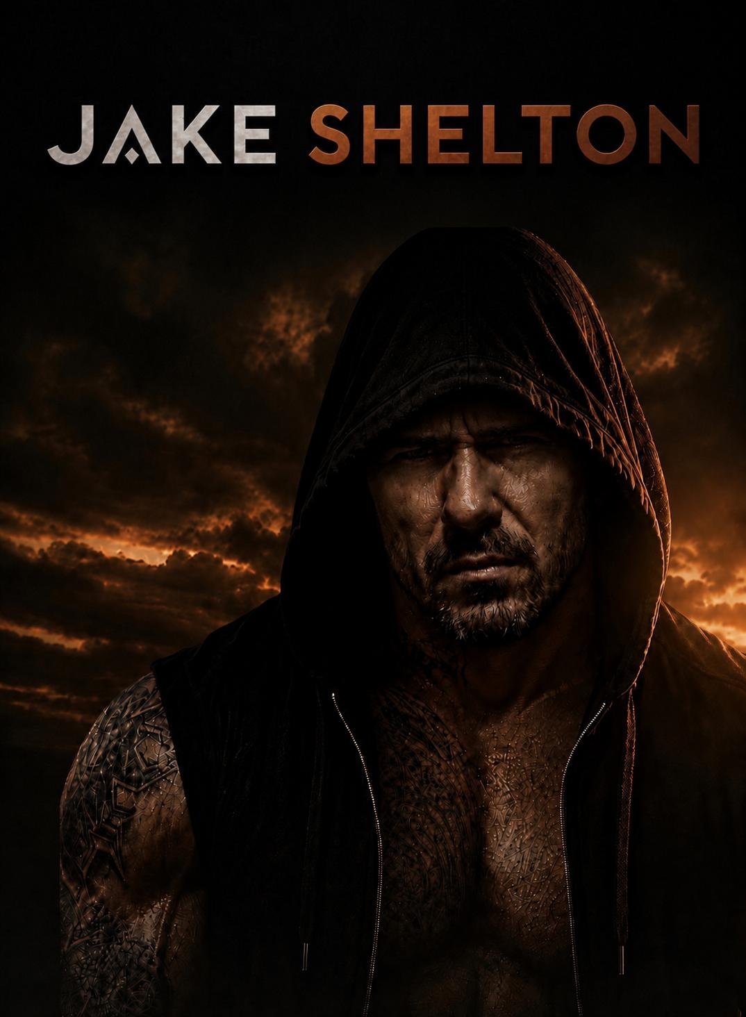 Jake Shelton wearing a dark hooded jacket with a dramatic sunset sky backdrop