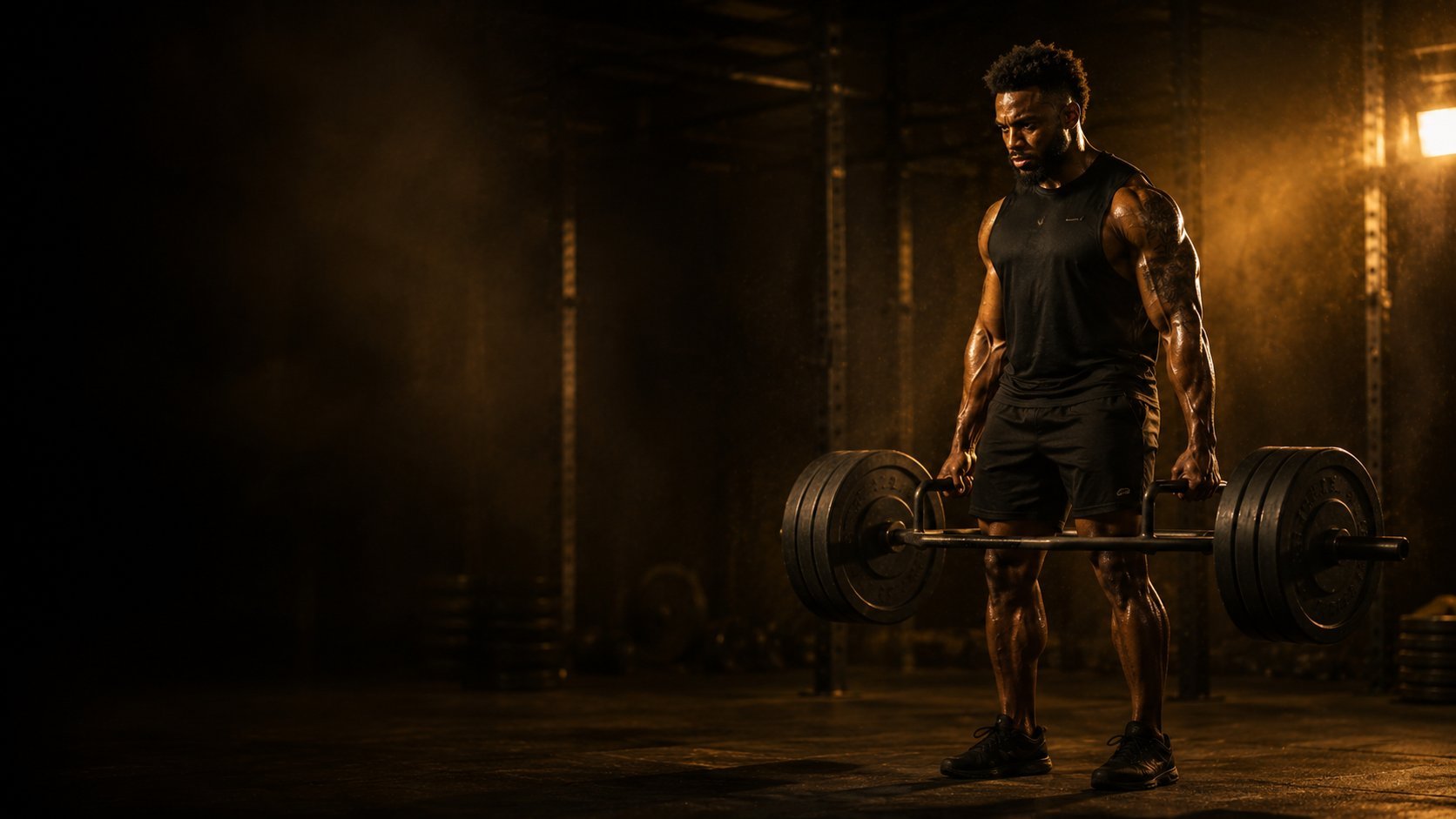 Muscular man lifting a barbell in a dark gym with dramatic lighting and industrial background
