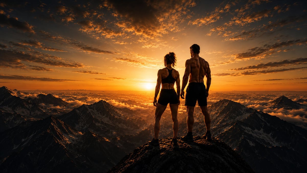Two hikers standing on a mountain ridge at sunset, gazing at golden sky and valley below