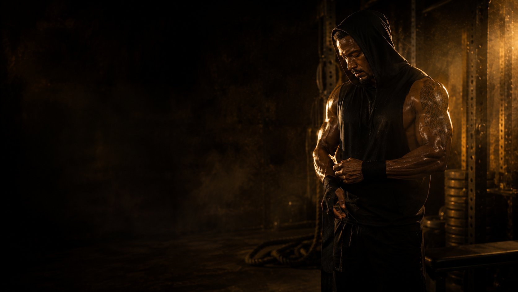 Shirtless man with muscular build standing in dark room with golden warm lighting and dramatic shadows