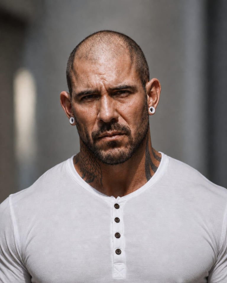 Man with shaved head, beard, and ear piercings wearing a white henley shirt against a blurred gray background