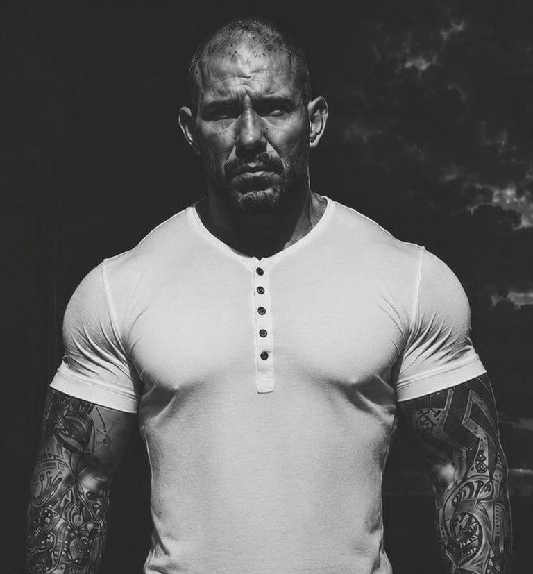 Black and white portrait of a muscular man with tattoos on his arms, wearing a white henley shirt against a dark background