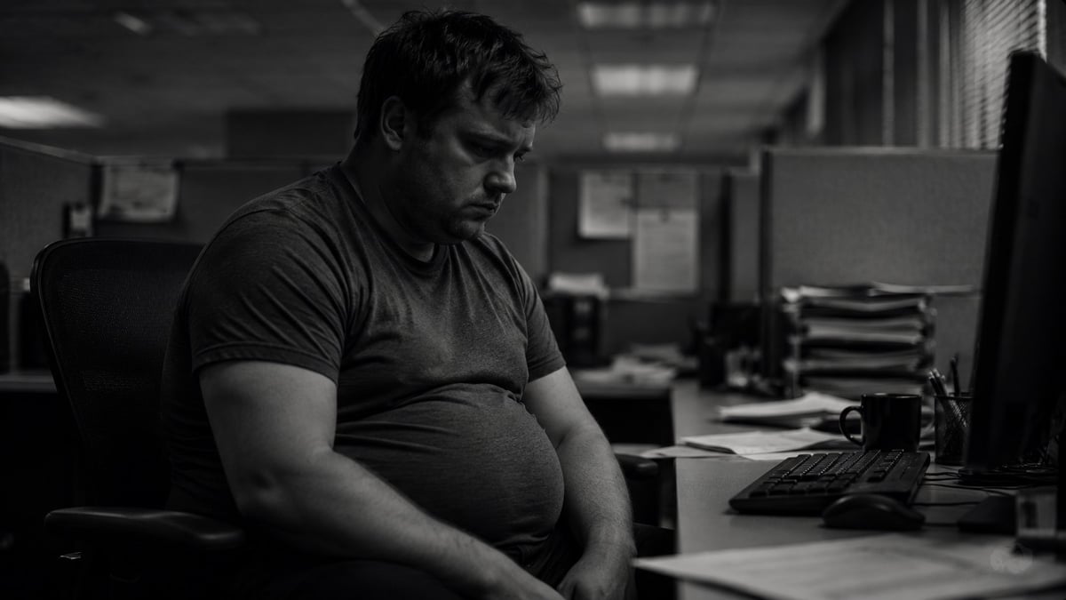 Man sitting at desk in office looking down at computer, black and white photo